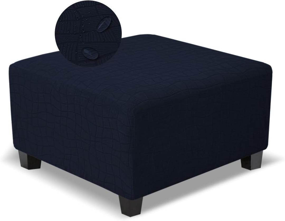 Square Ottoman Cover,Soft Stretch Jacquard Slipcover with Dual Waterproof Layers,Washable Furniture Protector for Pets,Medium,Navy Blue (M Length&Width:26-34",Height:14-20")