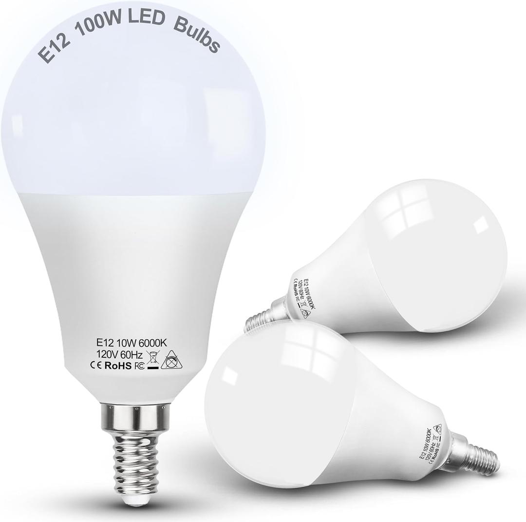 E12 100W Equivalent LED Candelabra Bulbs, E12 A19 A60 LED Ceiling Fixtures Light Bulbs 6000K Daylight White,Bright Small Candelabra Screw Base Globe Shape Chandelier Bulbs 10W 1200lm,Non Dimmable,3Pcs
