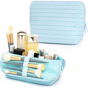 Minoisome Travel Makeup Bag,PU leather toiletry bag,make up organizer case for women,Large Capacity Cosmetic Bag,Wide-open Pouch PurseToiletries AccessoriesFold-Down Design and Adjustable Dividers.