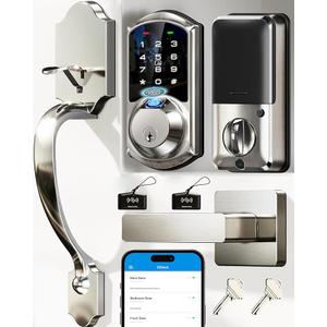 Veise VE07-H Fingerprint Smart Locks for Front Door with Handle Set, App Control, Keyless Entry Keypad Deadbolt, Digital Electronic Touchscreen, Easy Install, Auto Lock, Satin Nickel