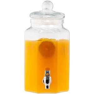 TableCraft Octagon Classic Beverage Dispenser, 1 Gallon Clear Soda Lime Glass Drink Server with Lid and Knob Top, 6" x 8" x 12.5", Vintage Style Countertop Container for Parties, Brunches and Catering