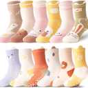 ANTSANG 12 Pairs Baby Girls Boys Toddlers Kids Grips Socks Crew Cotton Non-Slip/Anti-Skid Grips Socks(Fun Animal,3-5T)