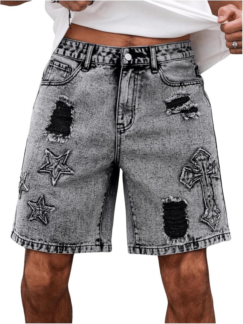 BEAUDRM Men's Graphic Baggy Denim Shorts Ripped Zipper Jean Bermuda Shorts with Pockets, Dark Grey, Medium