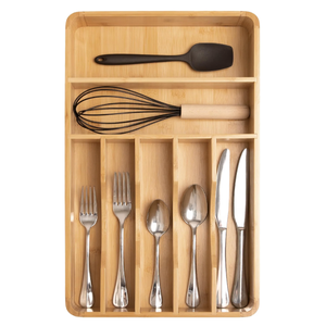 Silverware & Utensil Organizer, Fixed 10.5 in, Bamboo
Cutlery, flatware holder, rounded corners, 7 compartments, non-slip feet, kitchen drawers