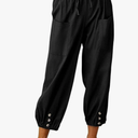 Womens Capri Pants Cotton Linen Cropped Trousers Summer Wide Leg Drawstring High Waist Palazzo Pants with Pockets, Size -Large