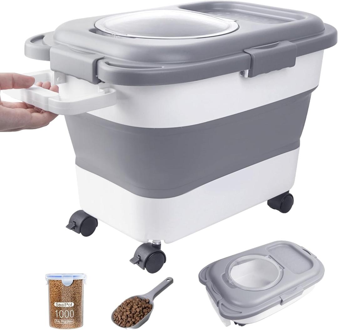 15-23 Lbs Dog Food Storage Container, Collapsible Dog Food Container with Airtight Lid, Wheels, Handle, Large Cat Food Storage Container with Scoop, Dog Bowl for Dog Cat