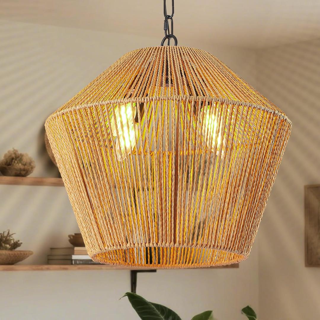 Rattan Light Fixture, 4-Light Boho Chandelier Kitchen Island Come with Brown Rattan Rope Lampshade, Dining Room Bedroom or Living Room
