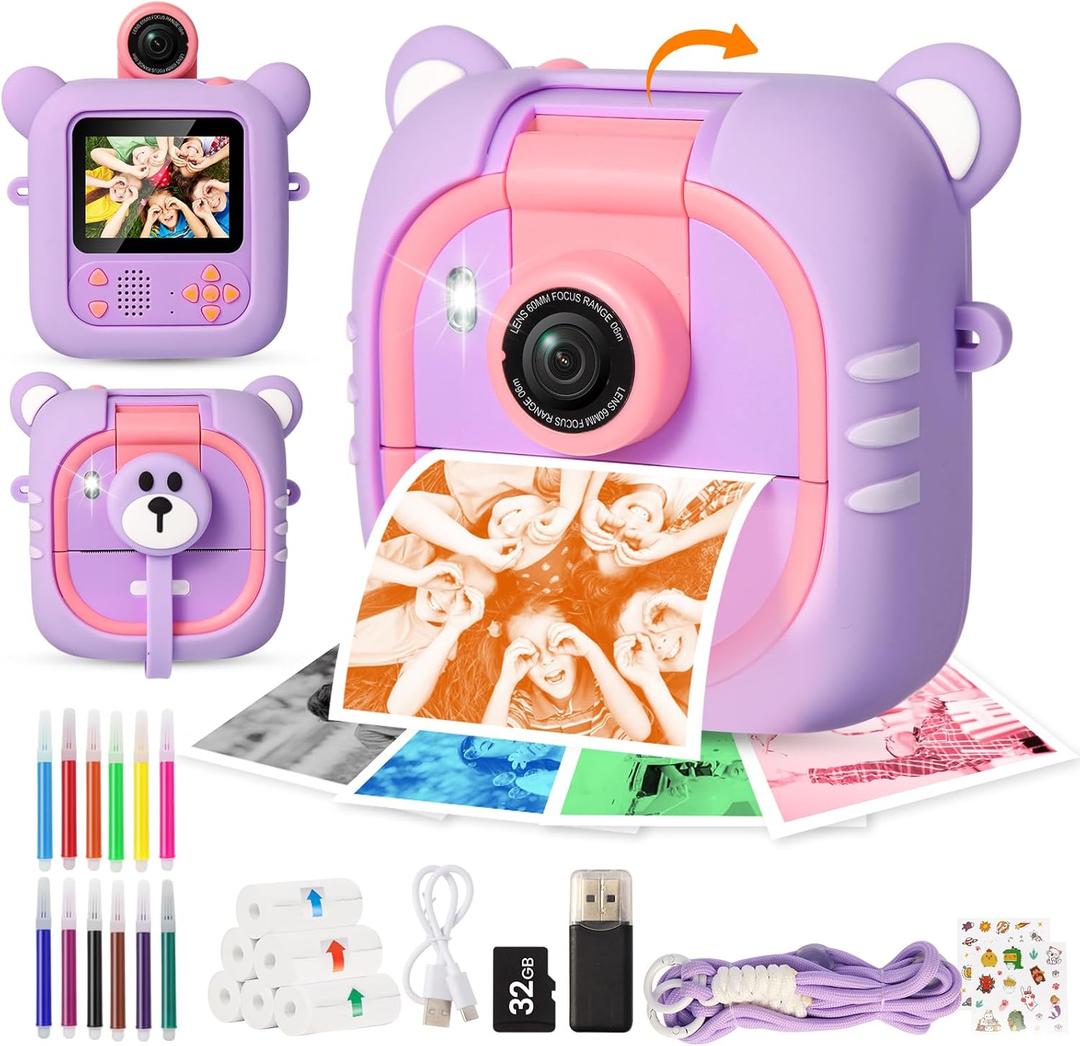 Kids Camera Instant Print, 7 Print Paper (4 Color: O/R/G/B+3 B&W), 2.4" Screen Instant Camera for Kids Ages 3-12,1080P, 180Flip Lens,32GB Card- Christmas Birthday Present for Boys & Girls,M2