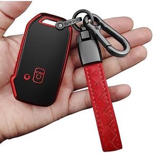 Sindeda for Kia Key Fob Cover,with Leather Keychain Protector Compatible with Cerato Ceed Forte NIRO Sorento Seltos Sportage Soul Telluride Remote/Smart Key,Key Fob Shell(Red)