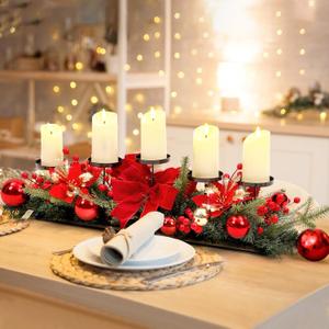 Christmas Tabletop Centerpiece 30 Inch Christmas Poinsettia Candle Holder with 5 Candle Artificial Table Decorations with Red Berries Gold Plants(Bowknot)