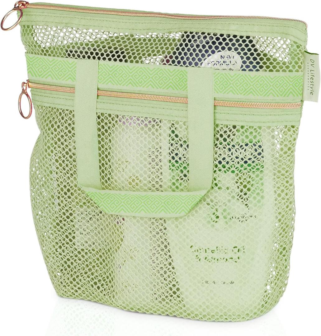DV Lifestyle Mesh Shower Bag 10.2x9.9'' Quick-Dry Caddy with Zipper & 2 Pockets. Portable Toiletry Tote for Bathroom, Gym, Travel, Camp, Beach, for Sunscreen, Dorm & College Essentials (Light Green)