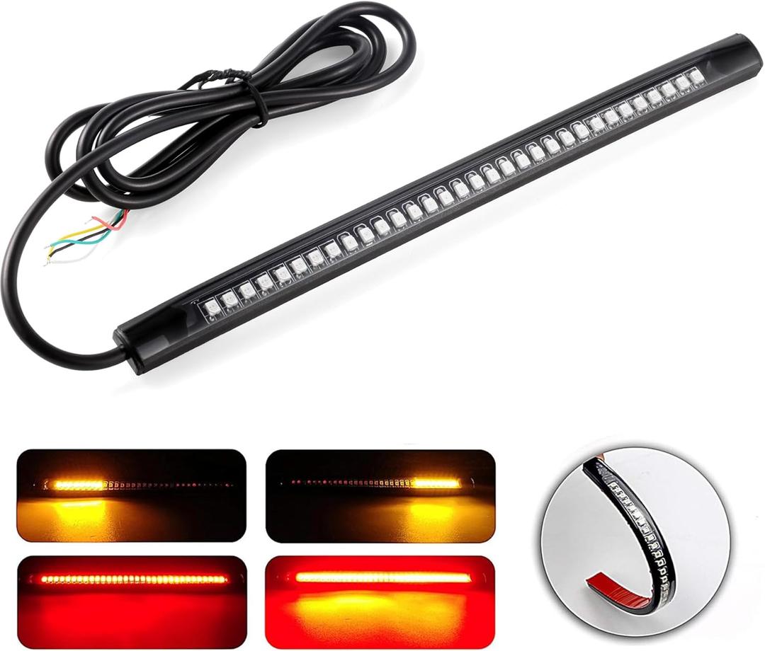 LivTee Universal 8" Flexible LED Light Strip with Tail Brake Stop Turn Signal Lights All-in-one for Motorcycle Scooter Quad Cruiser Off Road, Red/Amber (Rear)