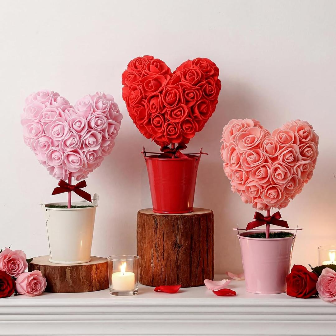 Pinkunn 3 Pcs Valentine's Day Decorations Heart Shaped Topiary with Pot Mini Artificial Potted Plant Heart Ornaments Desktop Centerpiece Tiered Tray Decor for Women Wife Home Party Tabletop Gift
