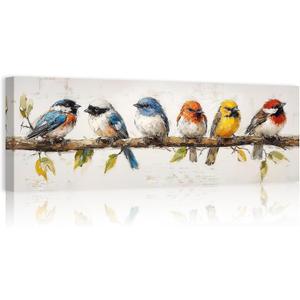 ARTZGX Bird Canvas Wall Art Colorful Birds on Branch Pictures Wall Decor Rustic Sparrow Artwork Painting for Living Room Decor Frame(Blue 8L x 24W)
