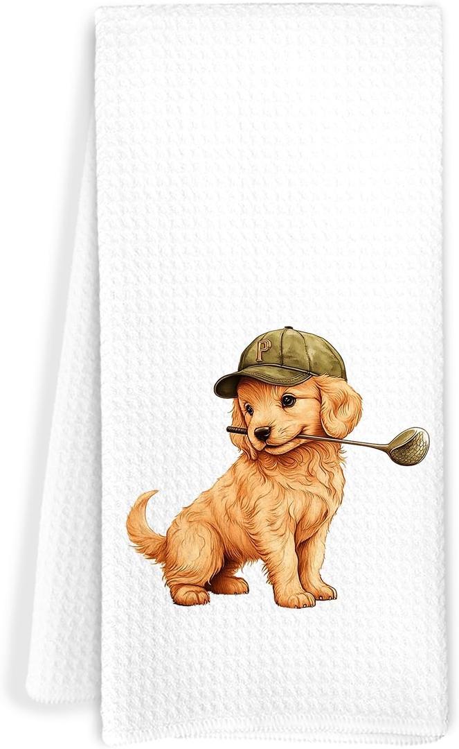 3 x Cute Golden Retriever Puppy Golf Kitchen Towels, Golden Retriever Lovers Gifts, Golfing Puppy Dog Decorative Hand Tea Towels for Bathroom, Unique Pet-Themed Household Towel Gift, 16x24 Inch