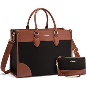 LOVEVOOK Laptop Bag for Women 15.6 lnch,Waterproof Laptops Tote Bags for Womens,Professional Work Bags for Women with Cup Holder,Large Laptop Purse Computer Briefcase Office Teacher Clutch Bag,2 PCS (Black - Chestnut Brown)
