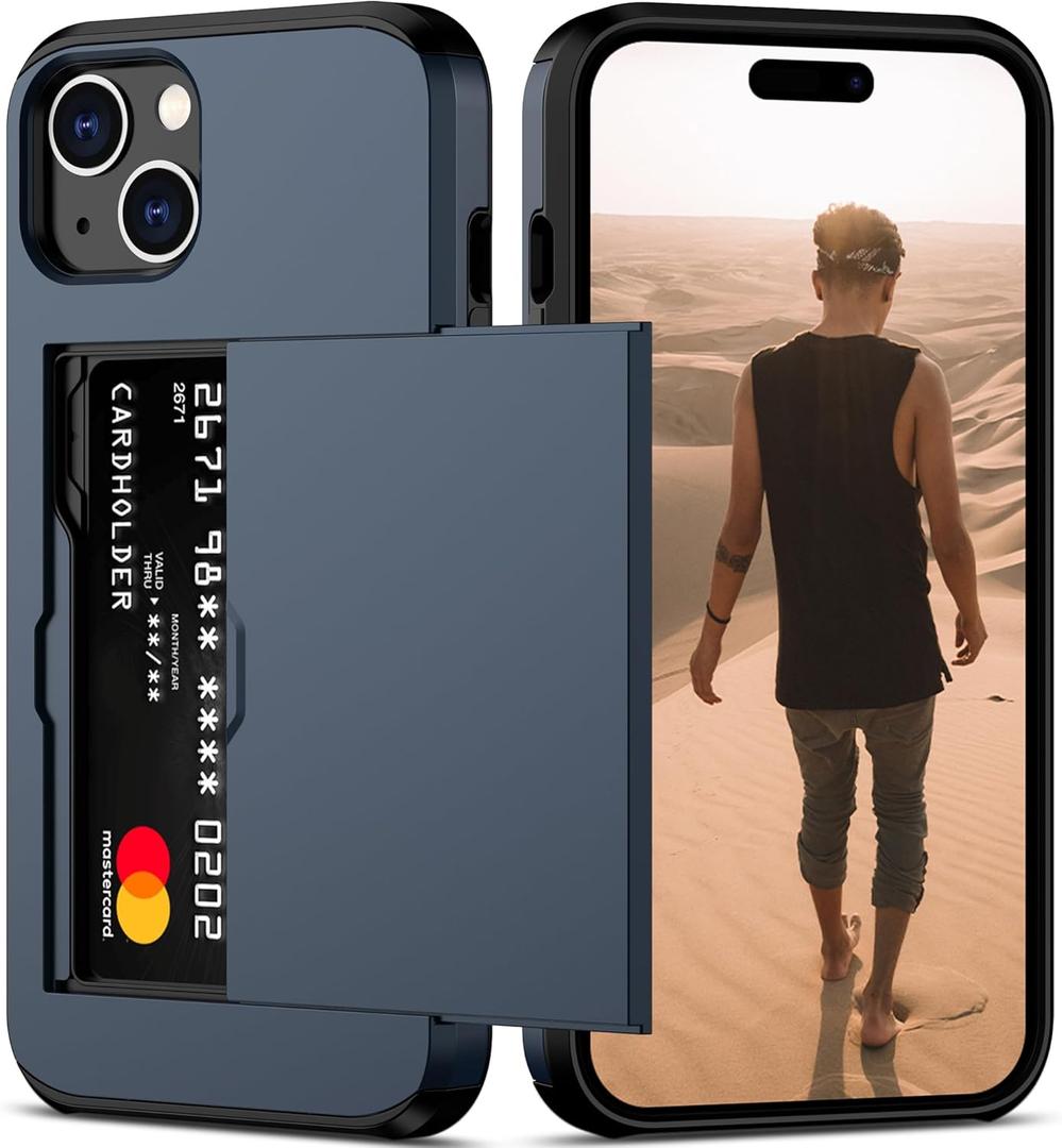 Nvollnoe Compatible with iPhone 15 Plus Case with Card Holder Heavy Duty Protective Dual Layer Shockproof Hidden Card Slot Slim Wallet Phone Cover for Women&Men 6.7 inch(Blue)