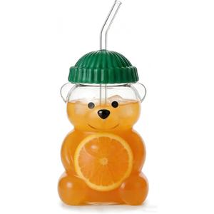 New Glass Bear Cup with Straws and Lids, 20oz Bear Mug High Borosilicate Material for All Beverages Couples and Family/Friends Holiday Birthday Gifts