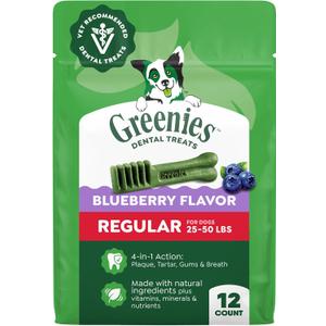 Greenies Veterinarian-Recommended Natural Dental Dog Treats, Dental Chews for Dogs, Regular Size, Blueberry Flavor, 12 oz. Pack, 12 Count (EXP 08/18/27)