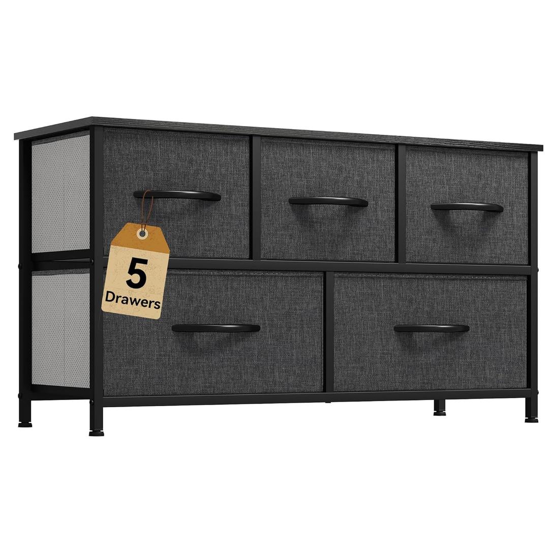 DWVO Dresser with 5 Drawers - Fabric Storage Tower, Black Dresser & Chest of Drawers, Organizer Unit for Bedroom