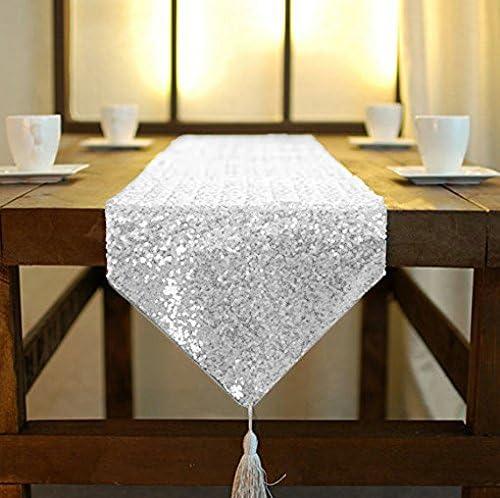 ShinyBeauty Wedding Decor Sequin Elegant Tassel Table Runner Silver-12x72-Inch-Plates Party Supplies Sequeen Table Runnes~1005E