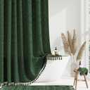 Dynamene Dark Green Fabric Shower Curtain, Boho Tufted Geometric Striped Tassel Shower Curtain for Bathroom, Shabby Chic Textured Farmhouse Waterproof Cloth Shower Curtain Set, Wrinkle Free, 72x72