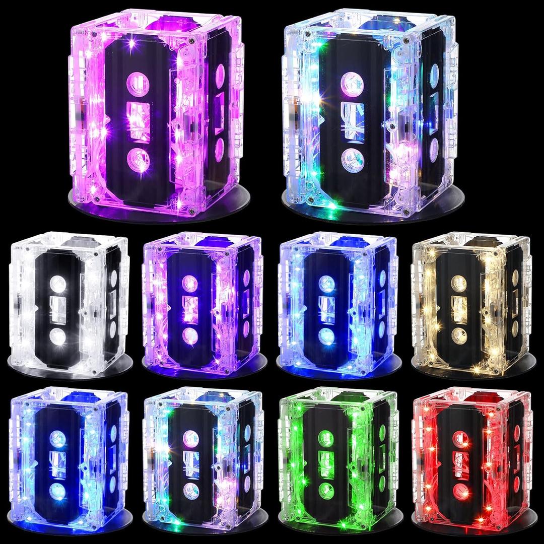 Halloscume 10 Sets 80s Party Decorations 90s Cassette Tape Bucket Centerpiece Tape Radio Boombox Birthday Party Table Neon Light Decorations for 1980 1990 Hip Hop Supplies
