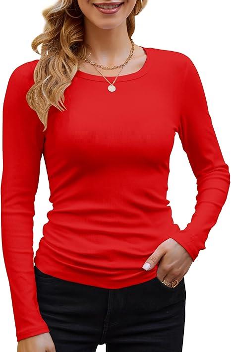 GEMBERA Womens Ribbed Long Sleeve Crewneck Casual Slim Basic Shirts Fitted Knit Tops Size L