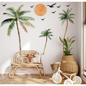 Large Boho Tropical Watercolor Palm Tree Wall Decal | Self-Adhesive Removable Nature-Inspired Wall Art with Sunset, Beach & Birds | Vibrant Home Decor for Living Room, Bedroom, Nursery.