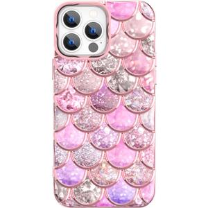 Omorro Compatible with iPhone 14 Pro Max Case for Girls, 3D Scales Desgin Glitter Bling Cute Luxury Transparent Phone Case for Women Girly Protective Cover (Pink)