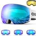 Odoland Photochromic Ski Goggles Interchangeable with 2 Lens, Large Spherical Frameless Snow Snowboard Goggles for Men Women (Blue Lens Vlt 33%-7% White Frame)