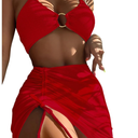 MakeMeChic Women's 3 Piece Bathing Suits Halter Ring Bikini Set with Cover Up Skirts, M