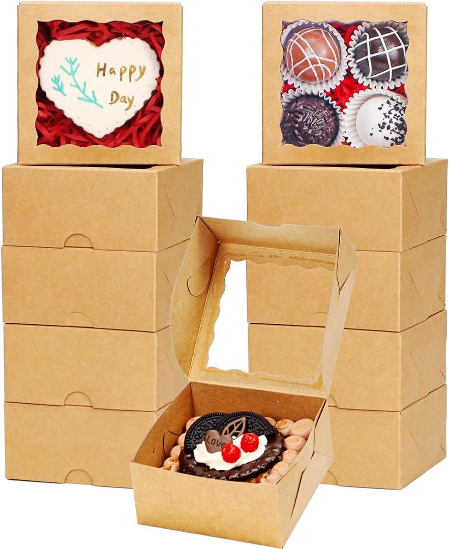 50 Pack Cookie Boxes with Window 4x4x2 Inch,Bakery Boxes, Chocolates Strawberries,Treat Boxes, Mini Cake Boxes, Pastry Dessert Boxes for Candy, Cupcakes- Brown Paper