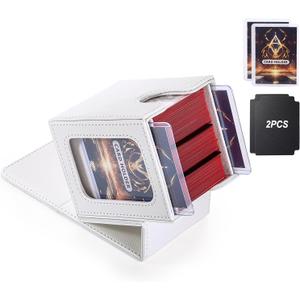 MTG Deck Box, Double Display Window MTG, Commander Deck Box Fits 120+ Single Sleeved Cards, PU Leather Magnetic Closure Card Box with 2 Dividers&2 Toploaders for TCG, CCG, White