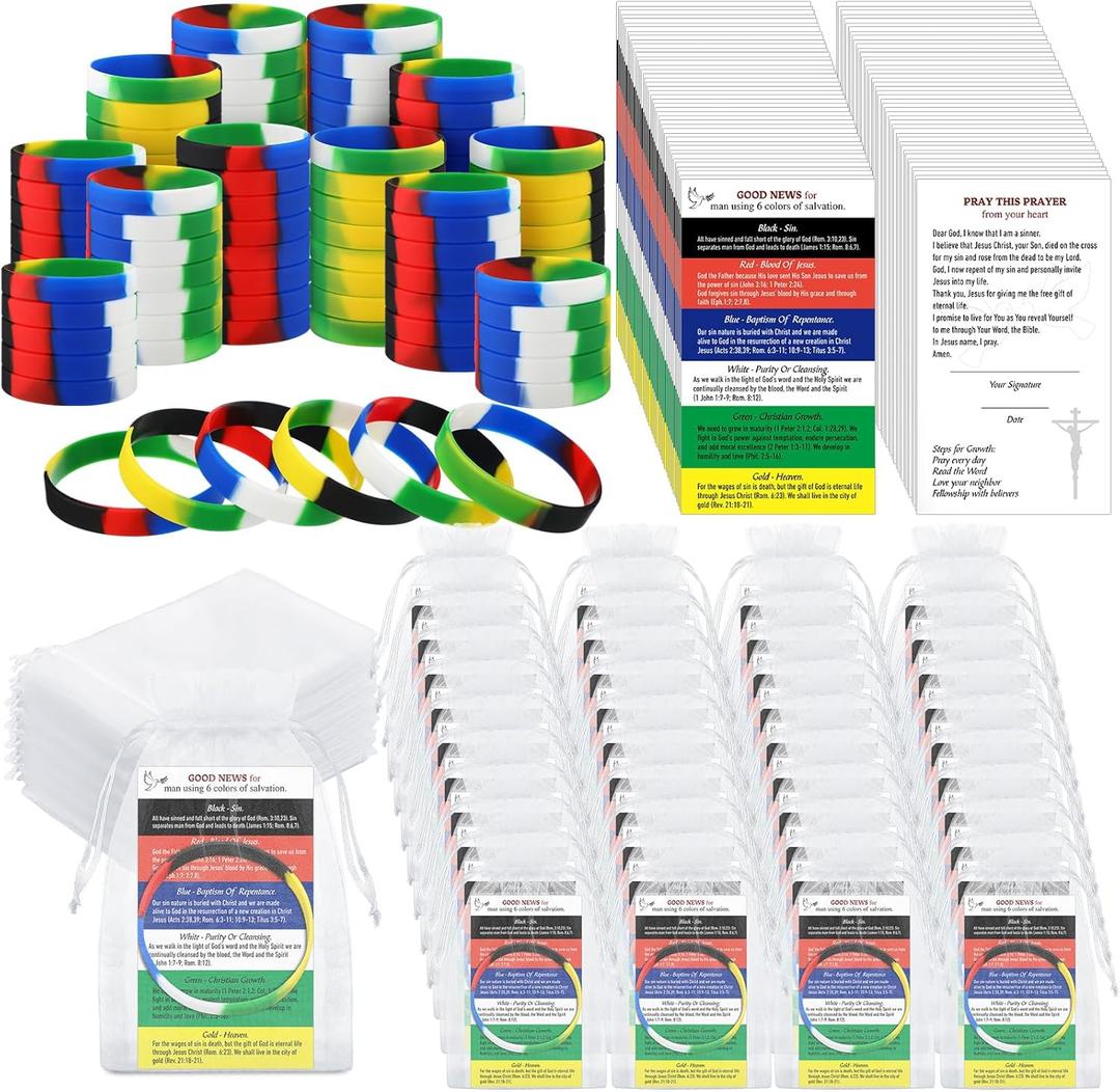 Cunno 50 Sets Plan of Salvation Bracelets Sets with 50 Bulk Plan of Salvation Cards Gospel Tracts Pocket Holy Postcards Prayer Cards 50 Wrist Band Wordless Silicone Bracelet 50 Bags for Ministering