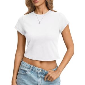 EasyGala Womens Cotton T Shirts Basic Baby Tee Crop Tops Crewneck Slim Fit Short Sleeves Tee Summer Cute Clothes 2026 (White, L)