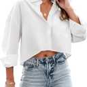 Zeagoo Womens Button Down Cropped Shirts Long Sleeve V Neck Solid Tops Casual Collared Blouse with Chest Pocket (Medium, White)