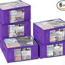 Clothes Storage Bags, Foldable Thick Fabric Blanket Storage Bags, Large Clear Window & Carry Handles, Great for Clothes, Blankets, Closets, Pillows, Toys (Purple, 6PACK)