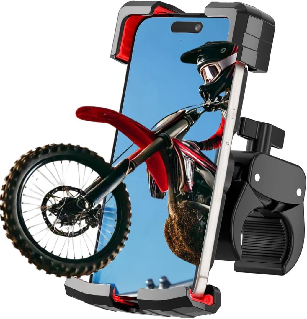 aLLreli Bike Phone Holder, Clip-n-Lock Motorcycle Handlebar Mount Clamp, Scooter Phone Clip for iPhone 15 Pro Max/Plus, 14 Pro Max, S9, S10 and More 4.7" to 6.8" Smartphones (Black+Red)