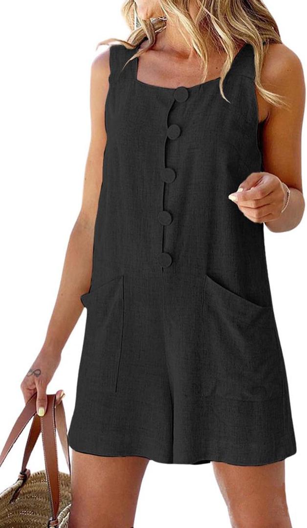CHARTOU Women Shorts Overall Front Button Cotton Linen Summer Wide Leg Shorts Romper (X-Large, Black)
