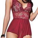 Women Lingerie Sheer Lace Mini Babydoll Teddy Sexy Bodysuit Backless Sleepwear (XX-Large, Wine Red)
