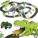 TUMAMA Dinosaur Toys Race Track, 281 Pcs Dinosaur Train Set for Kids 3-5 5-7, Flexible Train Tracks with 4 Dinosaurs Figures, 2 Electric Race Cars with Light, Create A Dinosaur Road Race for Toddlers