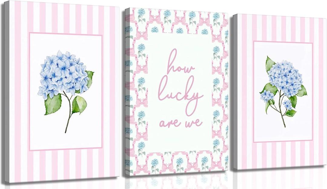 3Pcs Pink And Blue Hydrangea Canvas Wall Art Trendy Preppy Coquette Posters Prints How Lucky Are We Pictures Wall Decor for Girly Room Bedroom College Apartment Home Decorations(24L x16W Canvas), 16x24in Canvas