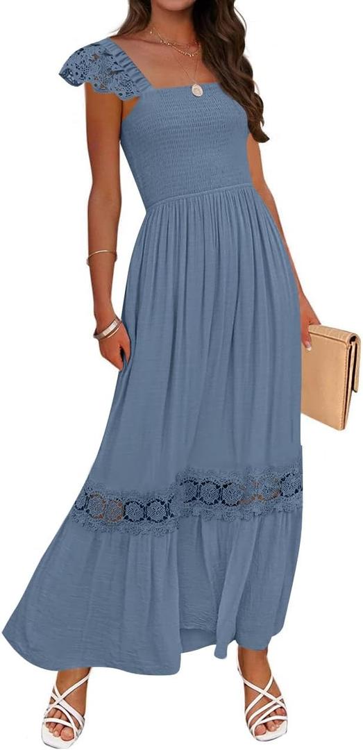 ZESICA Women's 2026 Summer Lace Strap Sleeveless Square Neck Smocked High Waist Ruffle Hollow Out Flowy A Line Maxi Dress (Blue, L)