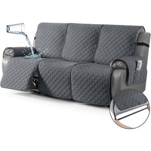 TAOCOCO 100% Waterproof Recliner Couch Covers, Recliner Sofa Covers with Leg Straps, 1-Piece Washable Reclining Sofa Cover with Pocket Couch Protector for Pets Kids(3 Seater, Dark Grey)