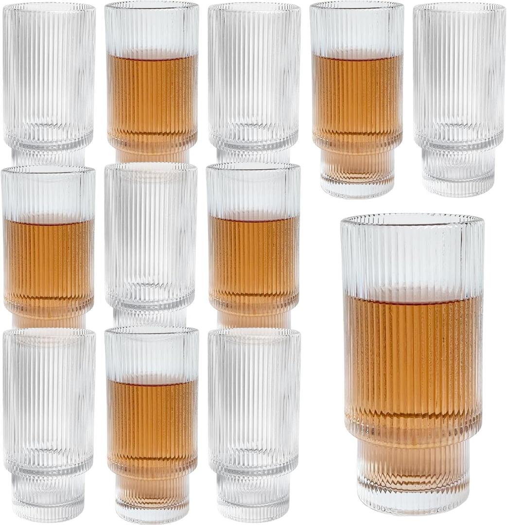 XKXKKE 12 oz Ribbed Drinking Glasses Set of 12, Clear Vintage Iced Coffee Cups Elegant Glassware, Highball Glass Cups Ridged Glass Tumbler for Cocktail, Whiskey, Beer, Water, Juice, Origami Style (Transparent)