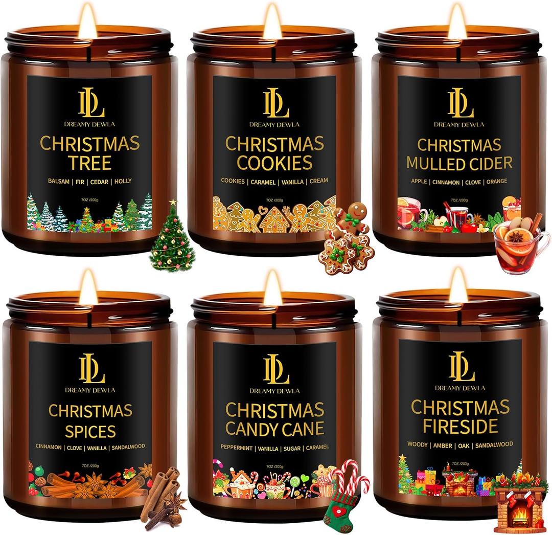 Christmas Candle Set, 6 Pack Holiday Scented Candle, Soy Candle for Home Scented, Christmas Holiday Candles Gift for Women Men, Scents of Christmas Tree/Cookies/Spices/Candy Cane/Mulled Cider/Fireside