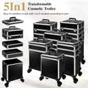 5 in 1 Rolling Makeup Train Case Professional Cosmetic Trolley Large Storage Organizer on Wheels for Hairstylist Artist Nail Beauty Salon Barber Black