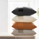 2 x Boucle Decorative Throw Pillow Covers 18"x18" Set of 2  Modern Textured Pillowcases with Faux Leather Contrast Stripe, Neutral Accent for Couch, Bed, or Chair  Leather Brown