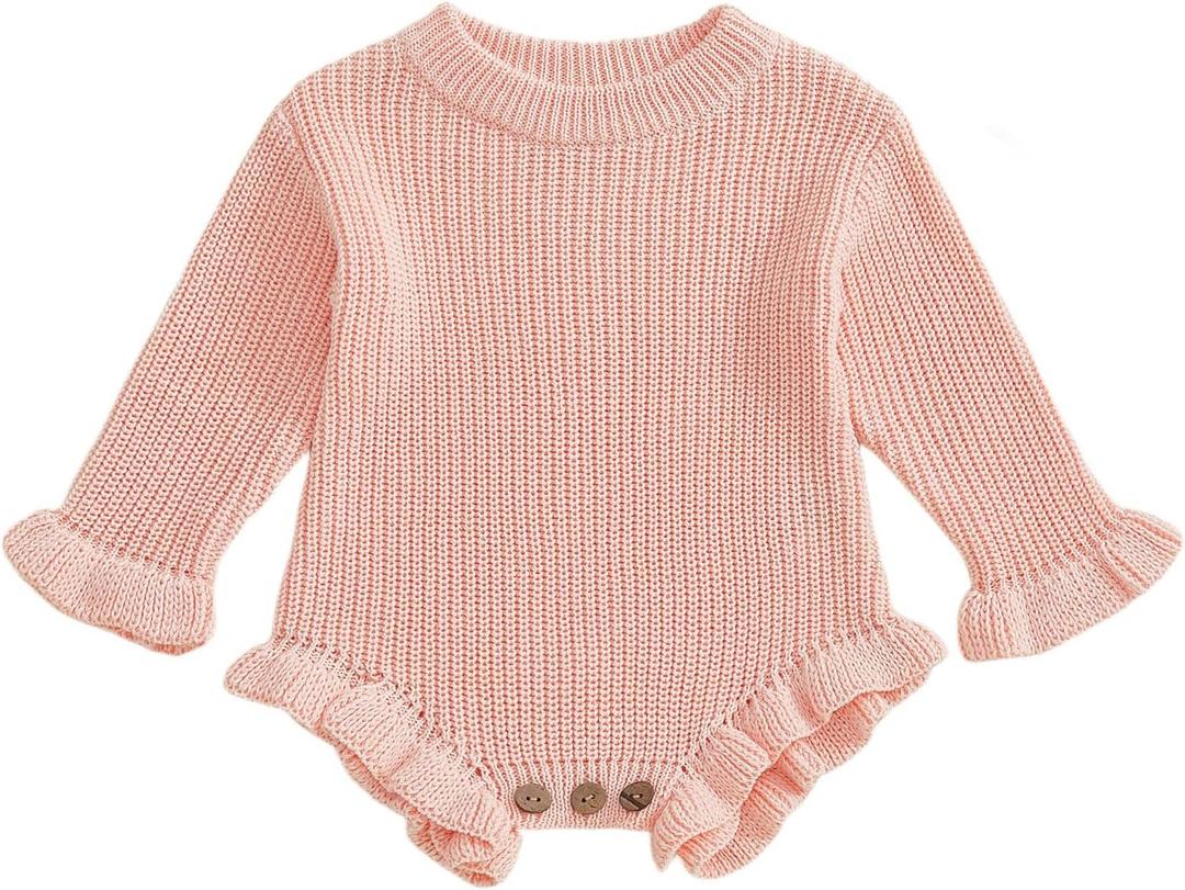 Userdefined Baby Girl Boy Knit Sweater Outfit Solid Romper Ruffle Onesie Cute Baby Jumpsuit Coming Home Fall Winter Clothes (Pink, 0-3 Months)